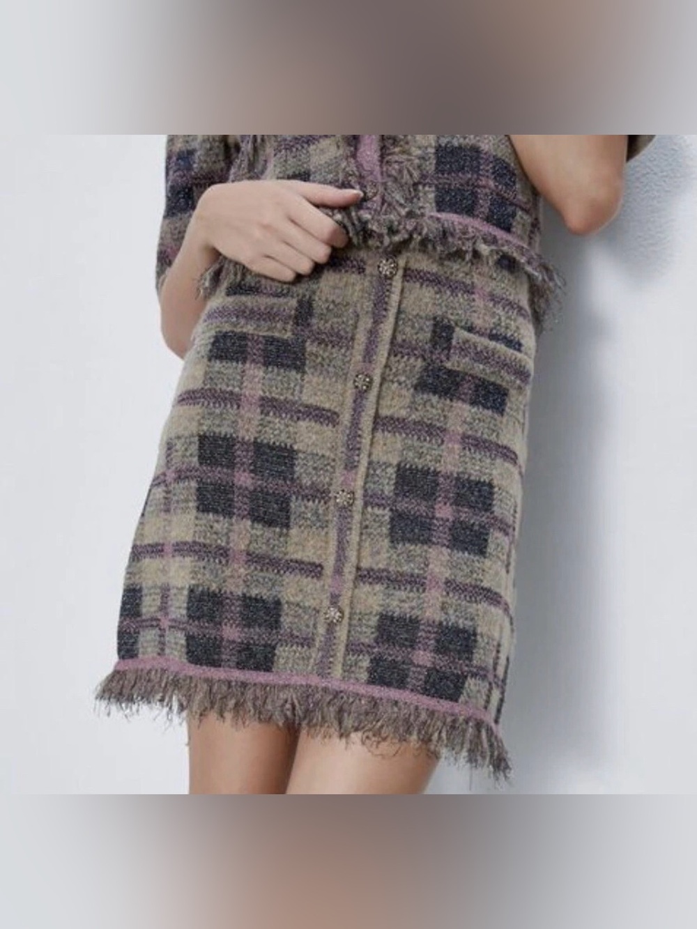 Zara Tweed Plaid Fringe Hem Skirt Metallic Pink Gray Olive Green Button Detail M
